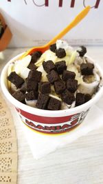 High angle view of dessert in bowl on table