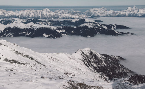 Scenic view of snow covered mountains