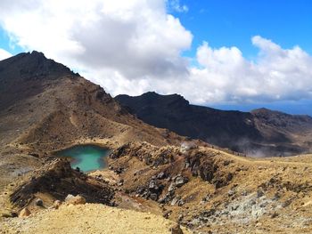 Scenic view of mountains against sky and view of a volcanic lake