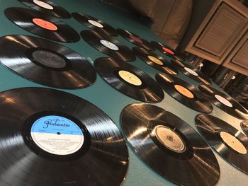 High angle view of piano keys on table