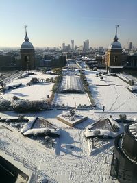 High angle view of cityscape during winter