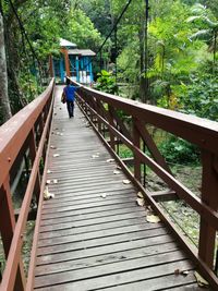 Boy walking on footbridge against trees