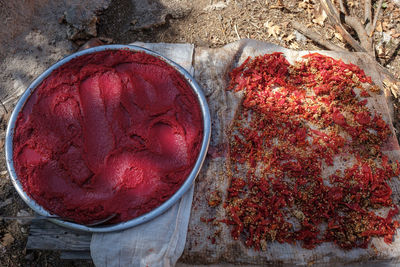 High angle view of red berries in bowl