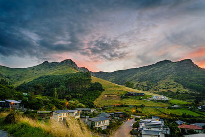 Scenic view of mountains against sky during sunset