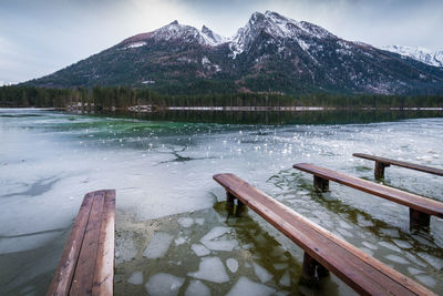 Scenic view of lake by mountains against sky