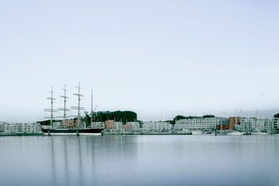 Sailboats in river against clear sky