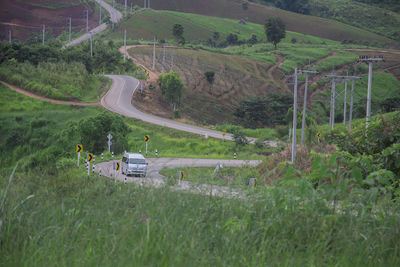 High angle view of car on road amidst trees