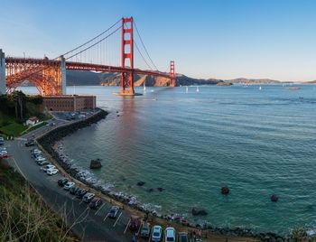 View of suspension bridge in city