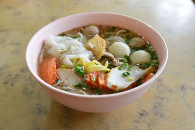 High angle view of food on bowl on table