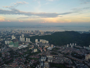 High angle view of townscape against sky during sunset