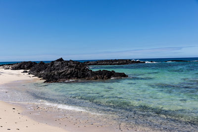 Scenic view of sea against clear blue sky