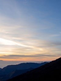 Scenic view of silhouette mountains against sky at sunset