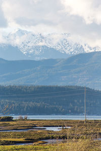 Scenic view of lake by mountains against sky