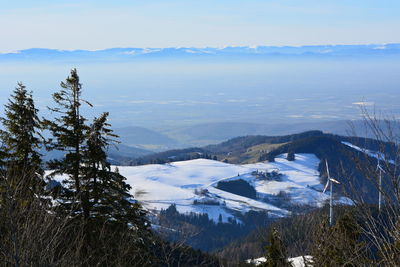 Scenic view of snowcapped mountains against sky