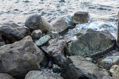 High angle view of rocks on beach