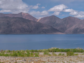 Scenic view of lake against cloudy sky