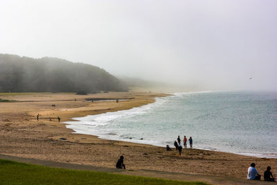 People at beach against clear sky