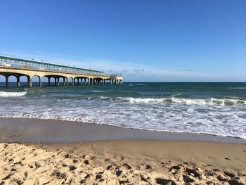 Scenic view of beach against clear blue sky