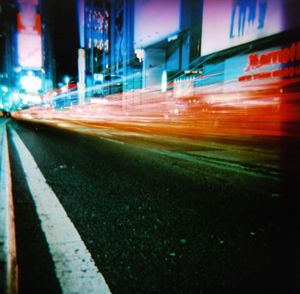 Light trails on road at night