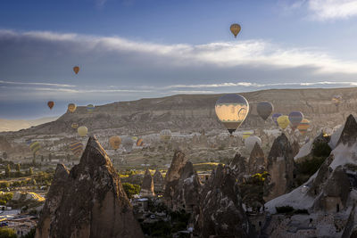 High angle view of hot air balloons against sky
