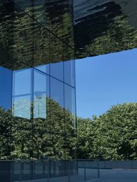 Trees by modern buildings against clear blue sky