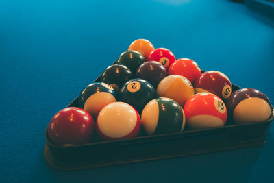 Close-up of multi colored balls on table