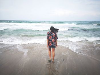 Rear view of man looking at sea against sky