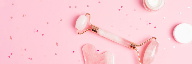 High angle view of pink flowers on table