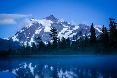 Scenic view of mountains and lake against sky