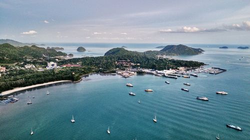 High angle view of boats on sea