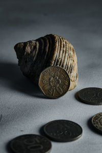 Close-up of coins on table