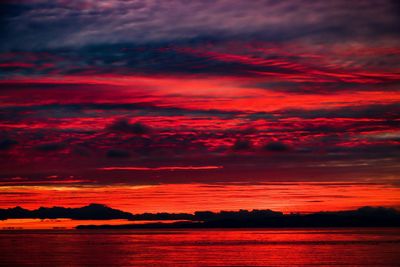 Scenic view of sea against dramatic sky during sunset