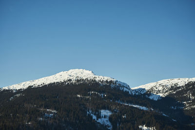 Scenic view of snowcapped mountains against clear blue sky