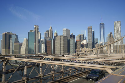 Modern buildings in city against clear blue sky