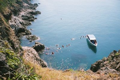 High angle view of boat moored on sea