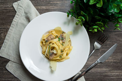 High angle view of food in plate on table