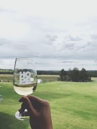 Close-up of hand holding glass of field against sky