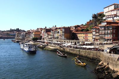 Boats in river with buildings in background