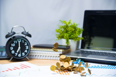 Close-up of clock on table