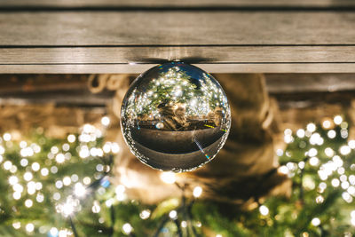 Low angle view of glass decoration hanging on tree