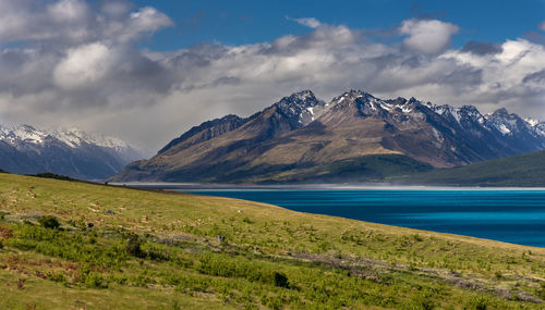 Scenic view of snowcapped mountains against sky