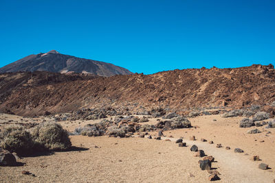 Scenic view of desert against clear blue sky