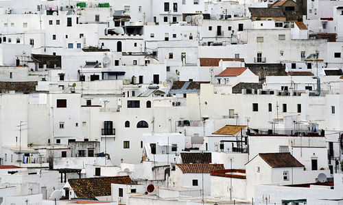 High angle view of houses in city