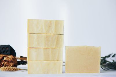 Stack of food against white background