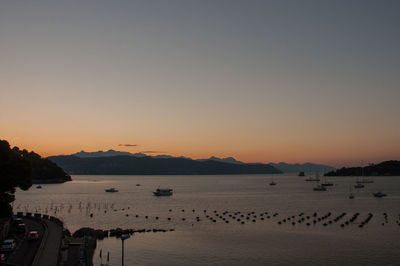 Sailboats sailing in sea against clear sky during sunset