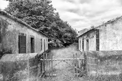 Abandoned building by trees against sky