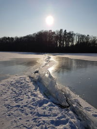 Frozen lake against clear sky during winter