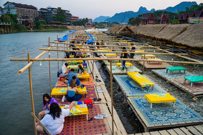 High angle view of people on boat in river