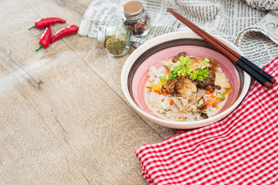 High angle view of meal served on table