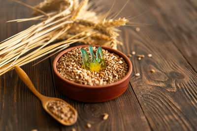 High angle view of food in bowls on table